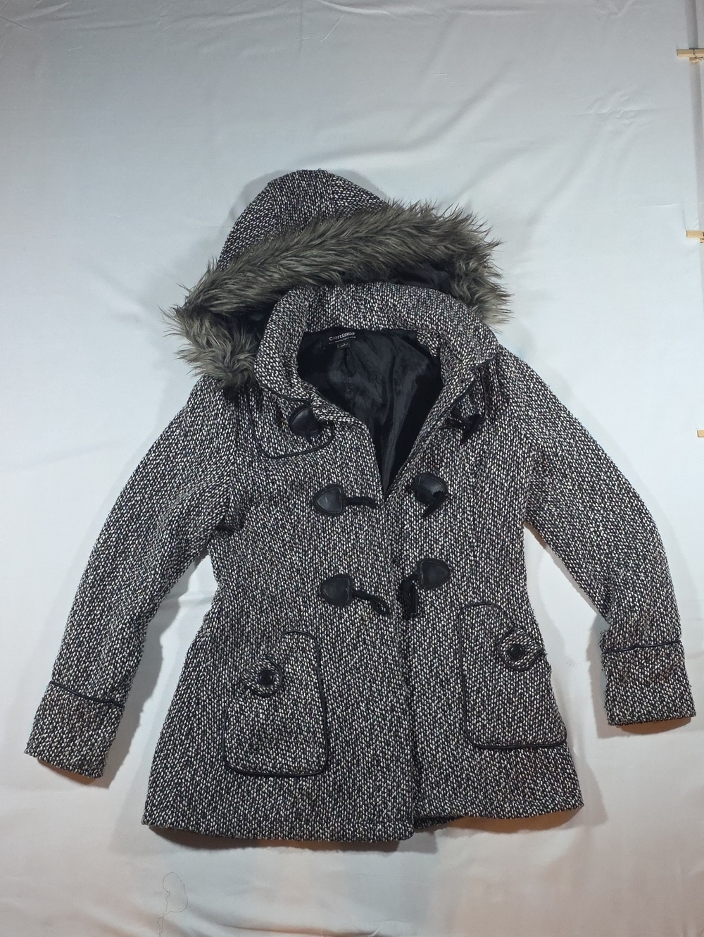 CoffeeShop Black and Gray Tweed Hooded Pea Coat with Faux Fur Trim